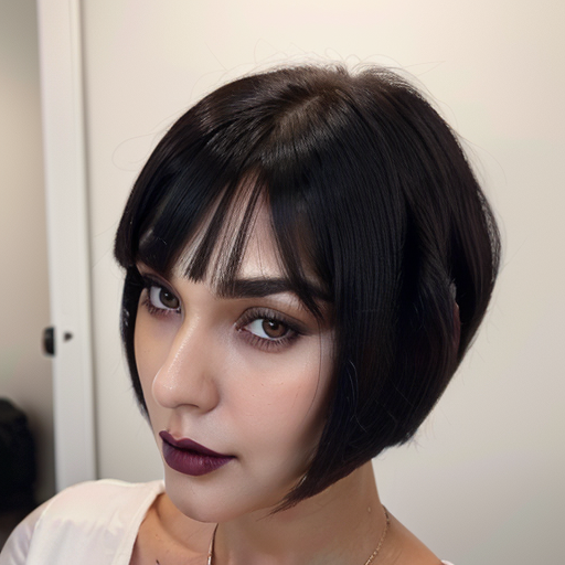 Photorealistic Portrait of a Woman with Short Black Bob Haircut, Dark Plum Lipstick, and Bold Eyeshadow in Studio Lighting