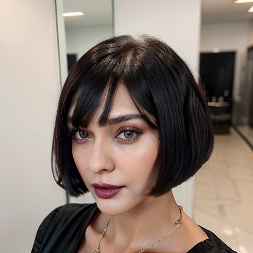 Photorealistic Portrait of a Woman with Sleek Black Bob Haircut and Professional Natural Makeup in a Modern Salon, Soft Lighting, Professional Beauty Photography for Women's Hair and Makeup Style