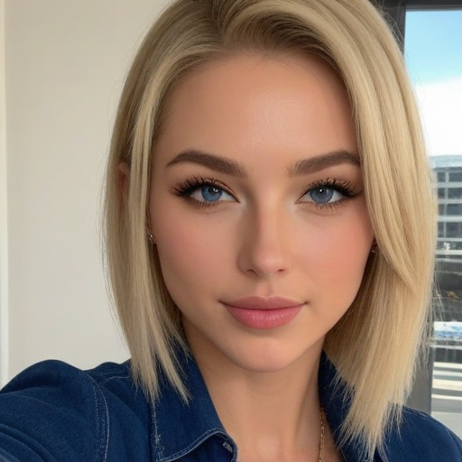 Close-up Photorealistic Portrait of a Woman with Blonde Hair and Blue Eyes Wearing a Denim Shirt in Natural Light, Confident Professional Mood