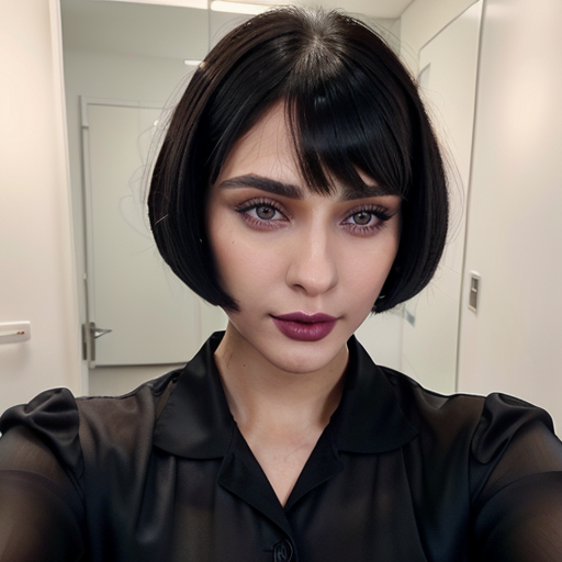 Photorealistic Portrait of a Woman with Short Black Bob Hair and Bold Dark Lipstick in a Modern Office Interior, Dark Tonal Colors, Confident Mood, Centered Composition