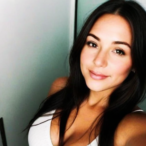 Stylish portrait of a smiling woman with long dark flowing hair wearing a white top in a modern indoor setting with soft natural lighting and warm color tones creating a confident and approachable mood