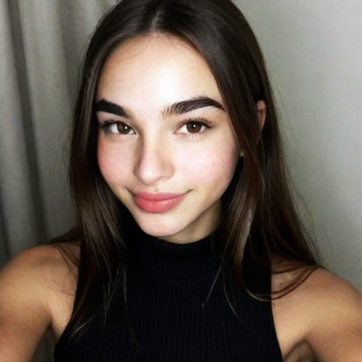 Photorealistic portrait of a woman with long brown hair, wearing a black sleeveless top, soft natural lighting, neutral background, confident and approachable mood, close-up composition
