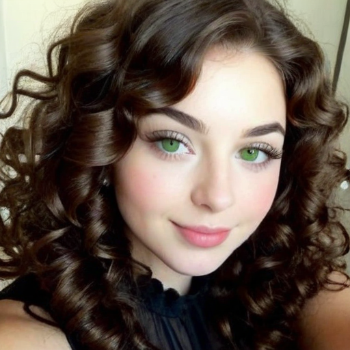 Photorealistic portrait of a woman with voluminous curly brown hair, vibrant green eyes, soft makeup, and warm complexion in natural lighting