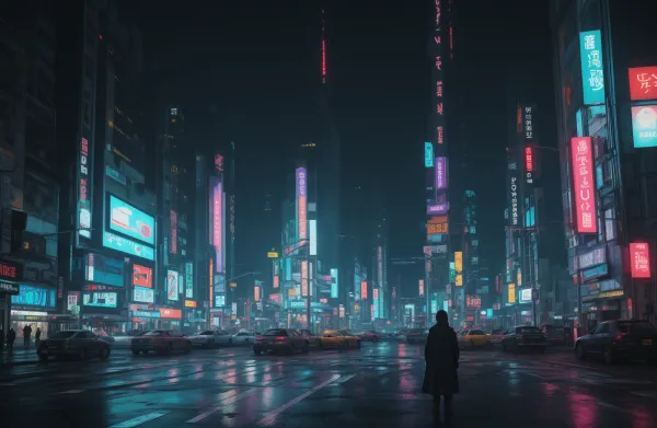 The image depicts a futuristic or cyberpunk-style cityscape at night, viewed from a street level perspective