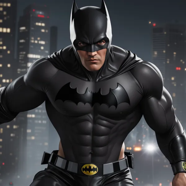 The image depicts a muscular, male figure in a Batman costume, featuring the iconic bat symbol on the chest and