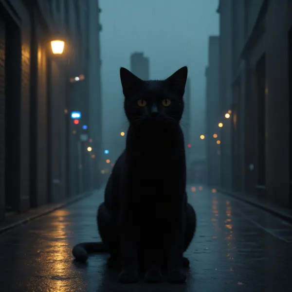 The image depicts a black cat sitting in the middle of a wet urban street or alley at dusk or dawn. The style is photogr