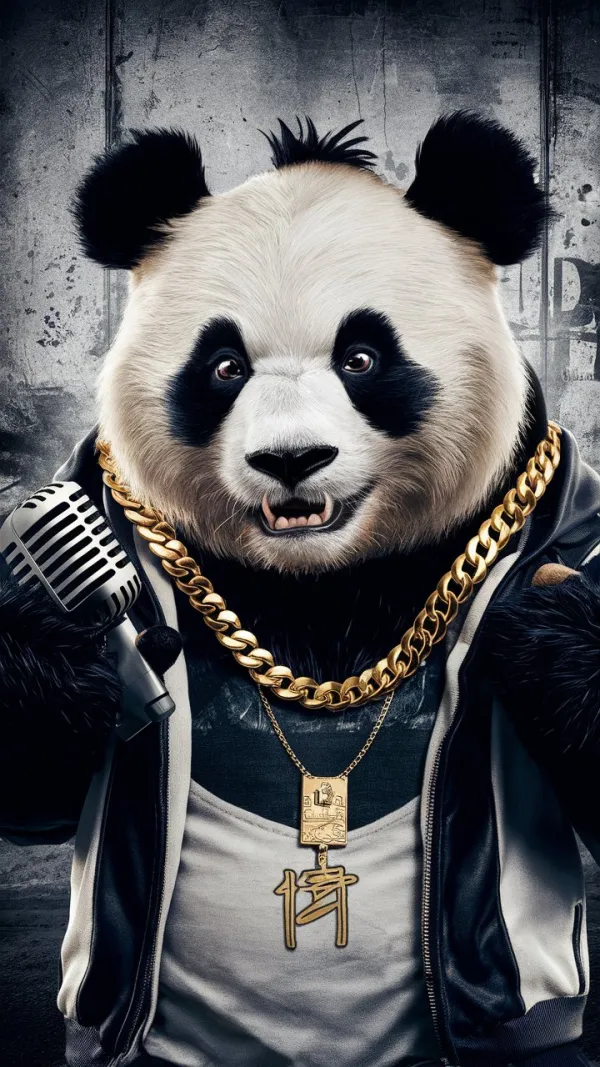 The image features an anthropomorphic panda as the central subject, styled in a contemporary urban or hip-hop theme. The