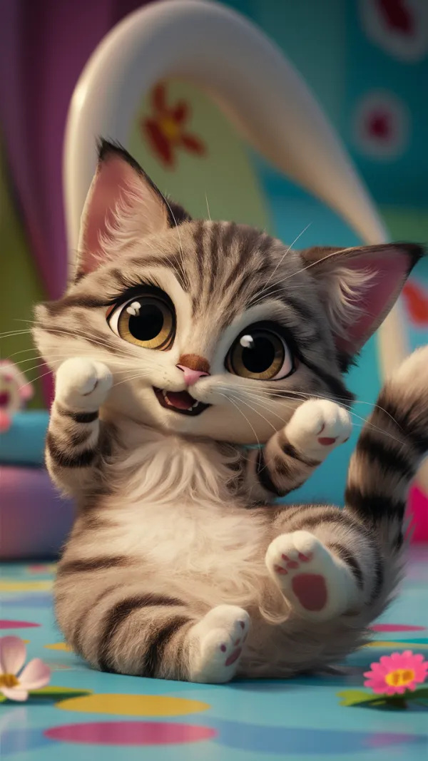 The image depicts a highly stylized, anthropomorphic kitten with exaggerated large eyes and an expressive face, giving i