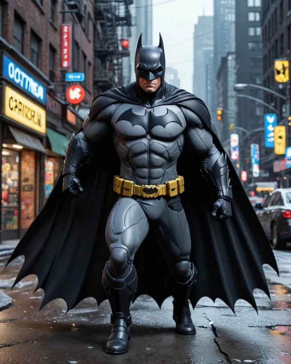 The image depicts a highly detailed, realistic 3D-rendered figure of Batman standing in a city street setting