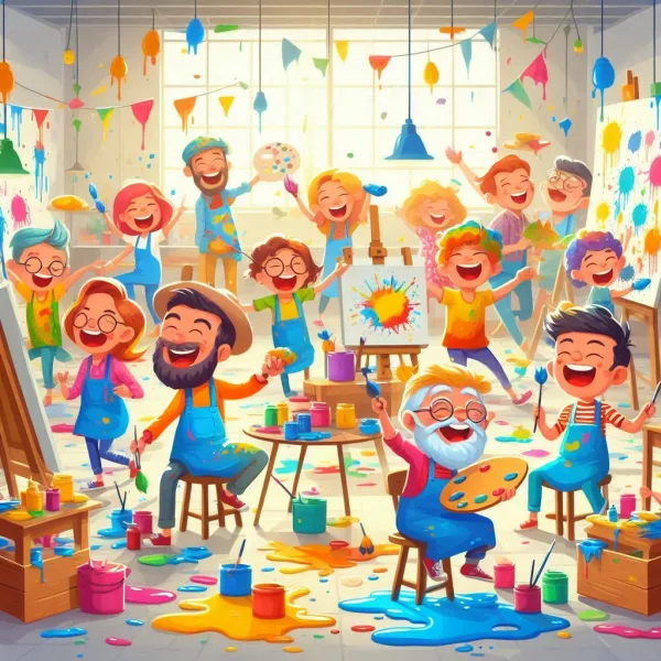 The image depicts a lively and colorful art class with a diverse group of animated characters, including children and ad