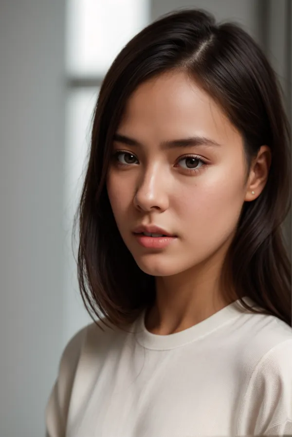 The image features a close-up portrait of a young woman with straight, dark brown hair, wearing a light beige or off-whi