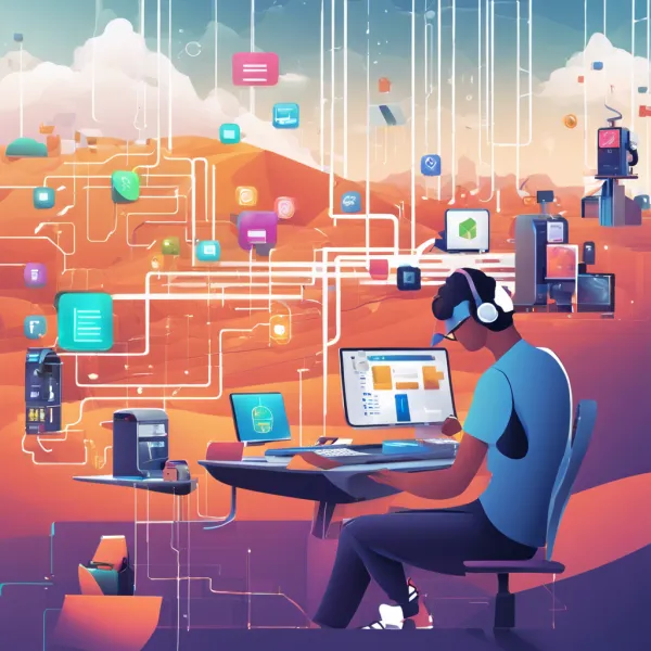 The image depicts a young person seated at a desk, wearing headphones and interacting with multiple computer screens. Th