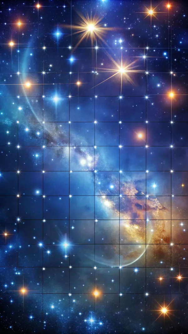 The image depicts a cosmic scene featuring a galaxy with a blue and golden color palette