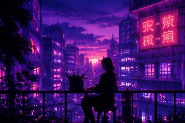 The image depicts a silhouetted figure sitting on a balcony railing overlooking a dense urban cityscape at twilight or n
