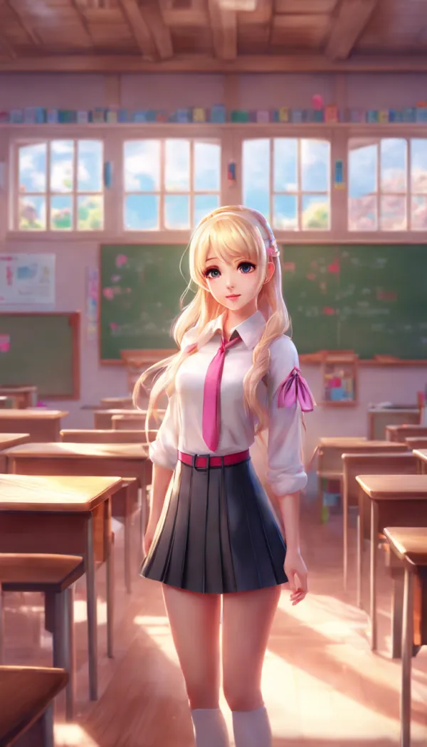 The image depicts a young female anime-style character standing in a classroom setting