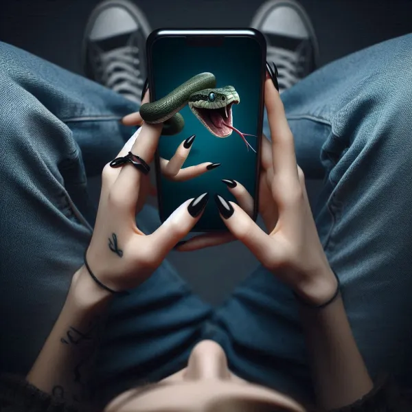The image depicts a person holding a smartphone with both hands, viewed from a top-down perspective. The person is weari