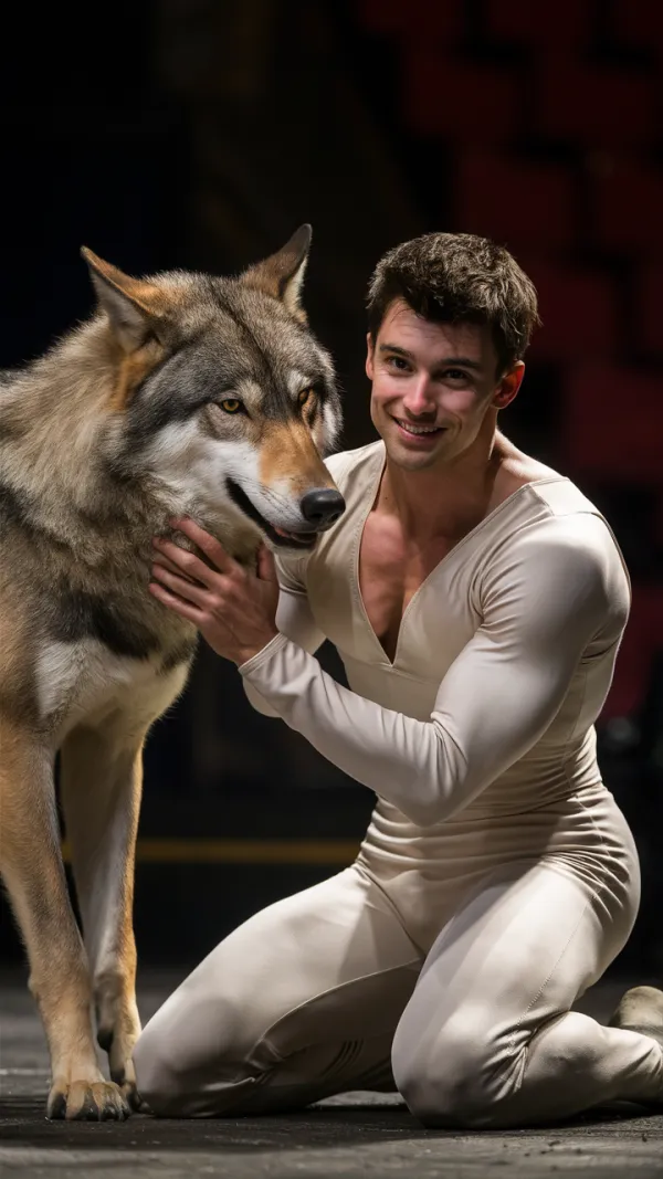 A young man in a light-colored, form-fitting outfit kneeling beside and gently holding a large wolf, looking to