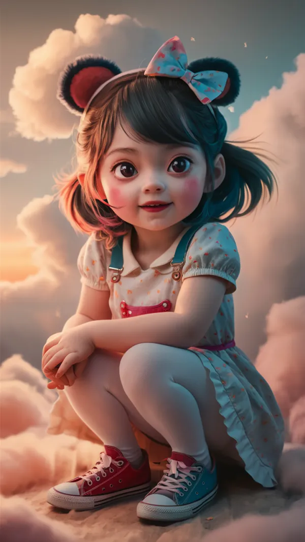 The image features a young girl with large expressive eyes, wearing bear ear headbands with a bow, a short-slee