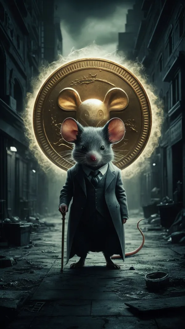 The image depicts an anthropomorphic mouse dressed in a formal suit and overcoat, standing upright and holding a cane in