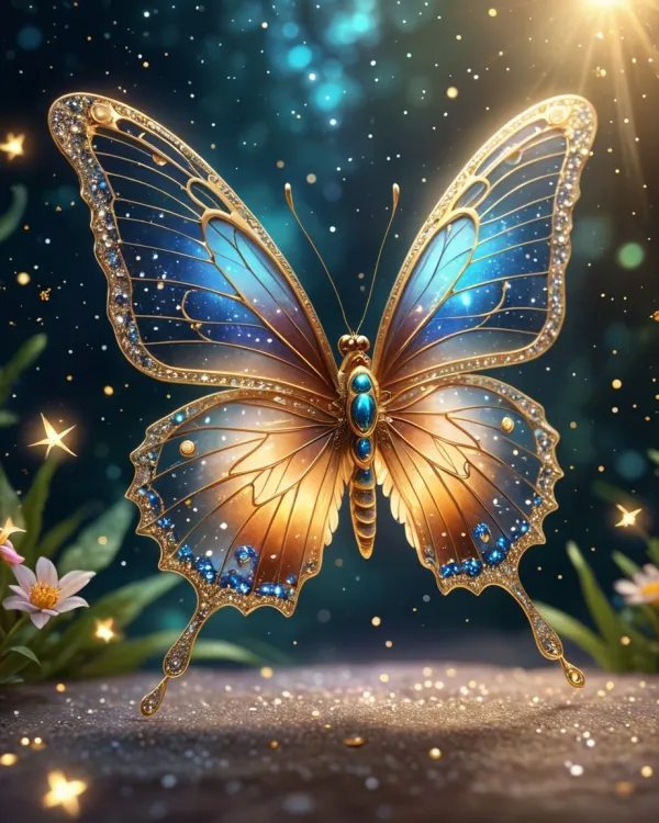 The image depicts a highly detailed, ornate butterfly with wings that resemble fine jewelry, incorporating elements such