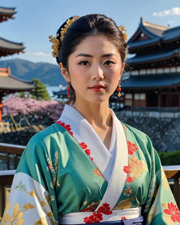 The image features a young woman wearing a traditional Japanese kimono, which is predominantly green with floral pattern