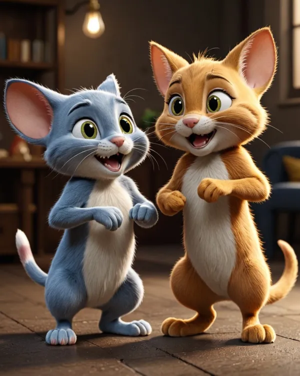 The image depicts two anthropomorphic cartoon mice standing upright in a well-lit indoor setting that resembles a cozy r