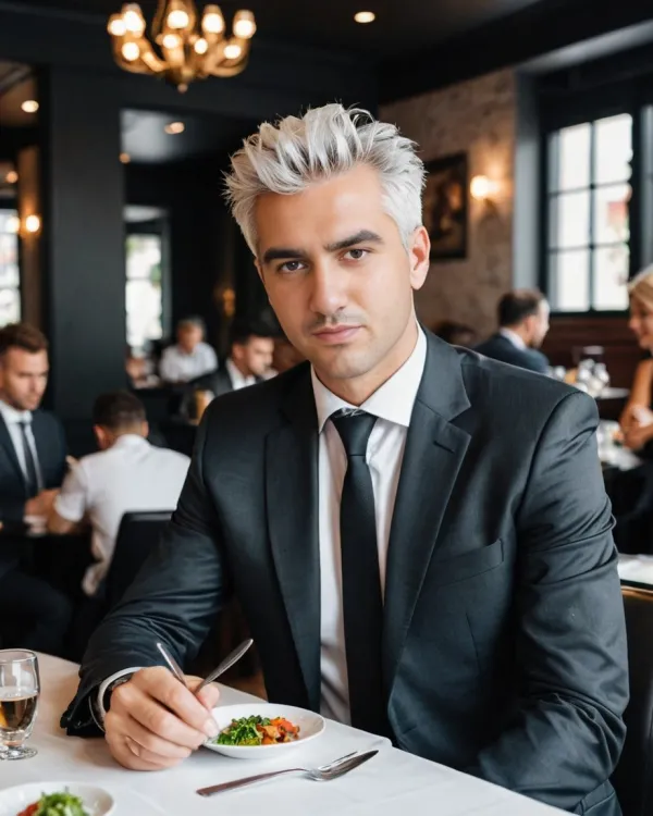 A well-dressed man with silver hair in a black suit and tie, sitting at a restaurant table, holding a fork and
