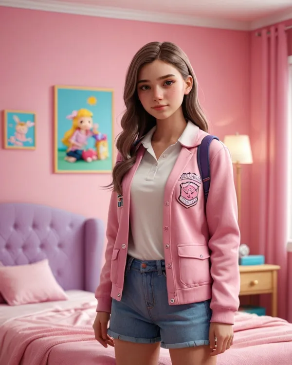 The image depicts a young female subject standing in a bedroom with a predominantly pink color scheme
