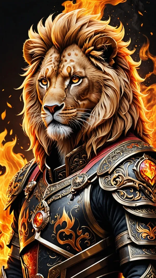The image depicts a highly detailed anthropomorphic lion character portrayed as a noble warrior. The lion's face is real