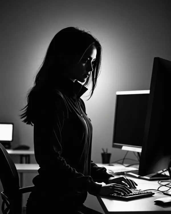 The image depicts a woman standing and typing on a keyboard in front of a computer monitor
