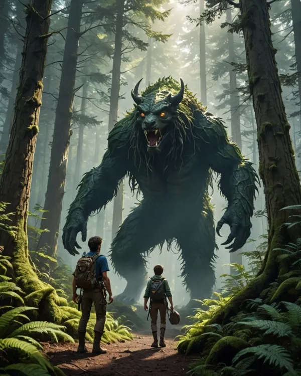 The image depicts a large, menacing forest monster with glowing orange eyes, horns, and a body covered in dark