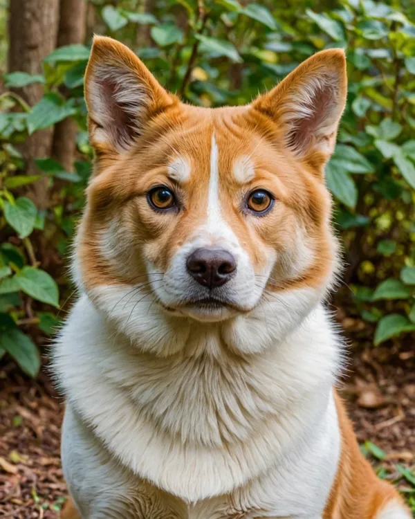 Close-up portrait of a dog with a white and reddish-brown coat, sitting in front of green foliage