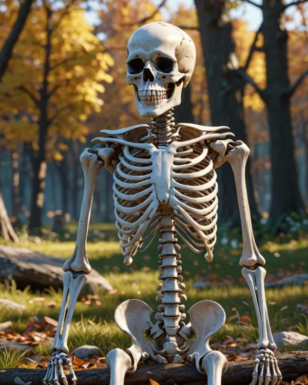 The image depicts a human skeleton seated outdoors in a forest during autumn, characterized by trees with golden-yellow