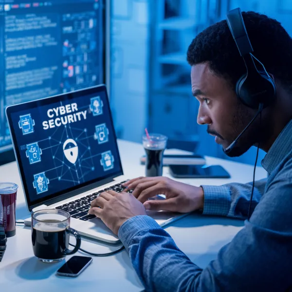 The image depicts a man working intently on a laptop, which displays "CYBER SECURITY" with a graphic of a lock