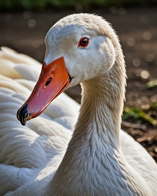 The image depicts a close-up portrait of a white goose with an orange beak and red ringed eye
