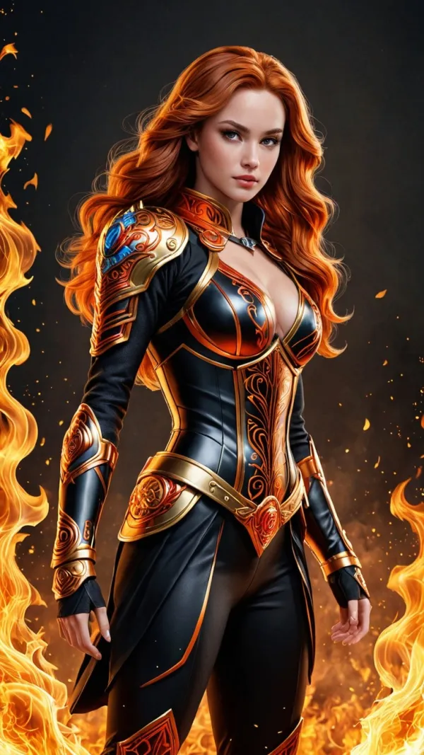 The image depicts a female warrior character with long, flowing red hair. She is dressed in an intricately designed blac
