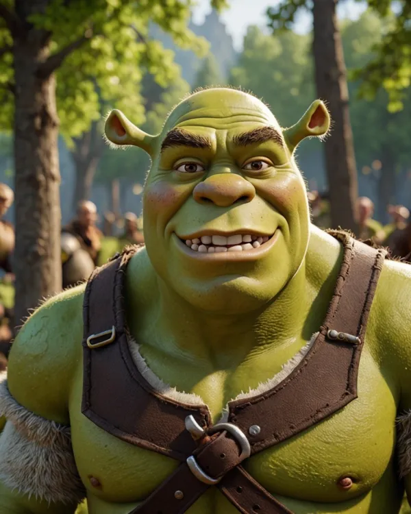 The image depicts a close-up of a digitally rendered green ogre character with humanoid features, large ears, and a broa