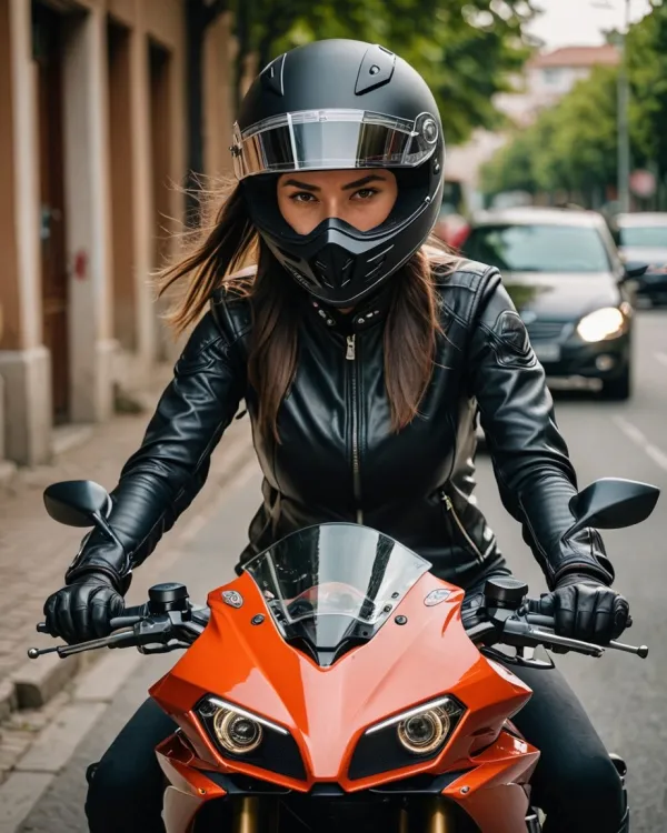The image depicts a young woman seated on a bright orange sport motorcycle, facing directly toward the camera