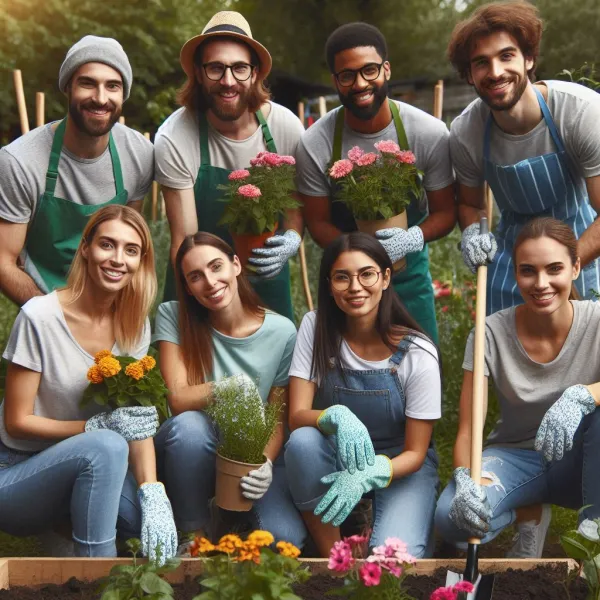 The image depicts a diverse group of eight young adults, four men and four women, engaged in gardening