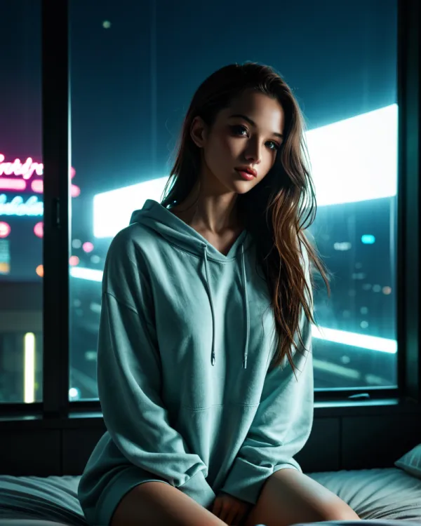 The image depicts a young woman sitting indoors near a window, dressed in a loose, light blue hoodie