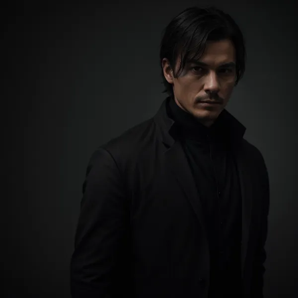 The image depicts a single male subject with medium-length dark hair, dressed in a black high-neck top and a dark jacket