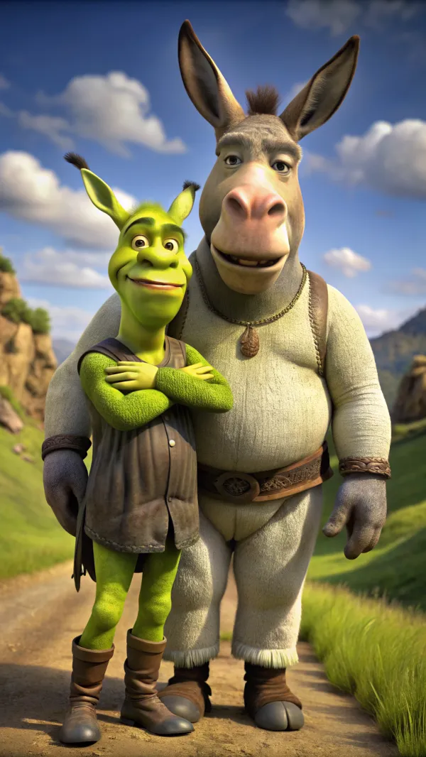 The image depicts two animated characters standing close together on a dirt path in a rural, hilly landscape