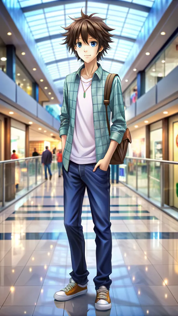 The image depicts an anime-style young male character standing in a modern, brightly lit shopping mall