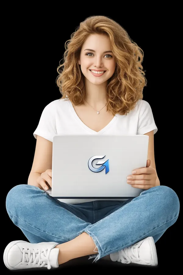 The image features a young woman with curly, light brown hair, seated cross-legged. She is holding a laptop with a styli