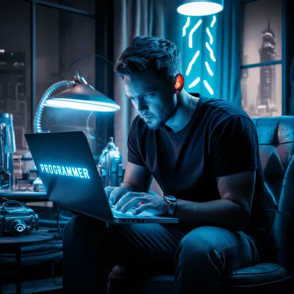 A focused man working on a laptop labeled "PROGRAMMER" in a dimly lit, modern indoor setting.