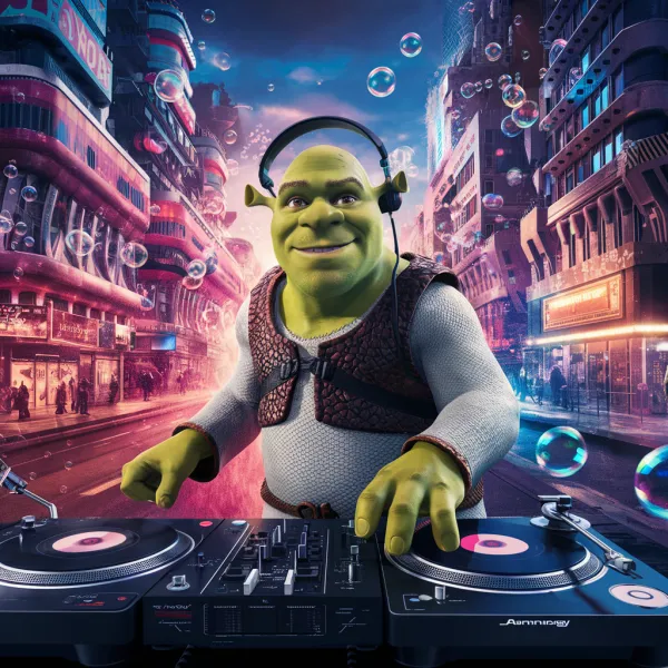The image features a digitally created character resembling a green ogre with humanoid features, styled as a DJ in an ur