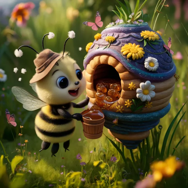 The image depicts a charming animated scene featuring a cartoon-style bee character interacting with a whimsical beehive