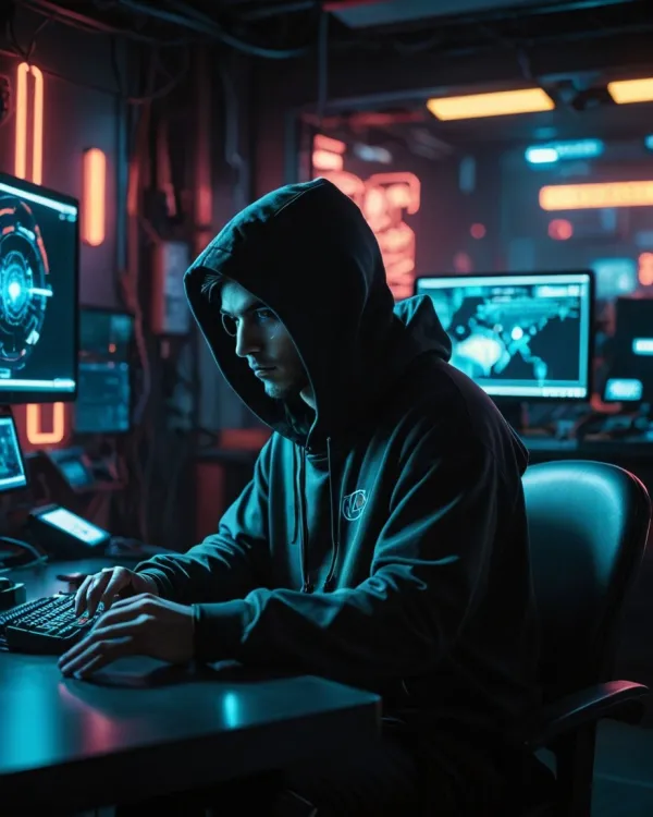 The image depicts a young man in a dark hoodie seated at a desk in a dimly lit room, actively typing on a keyboard