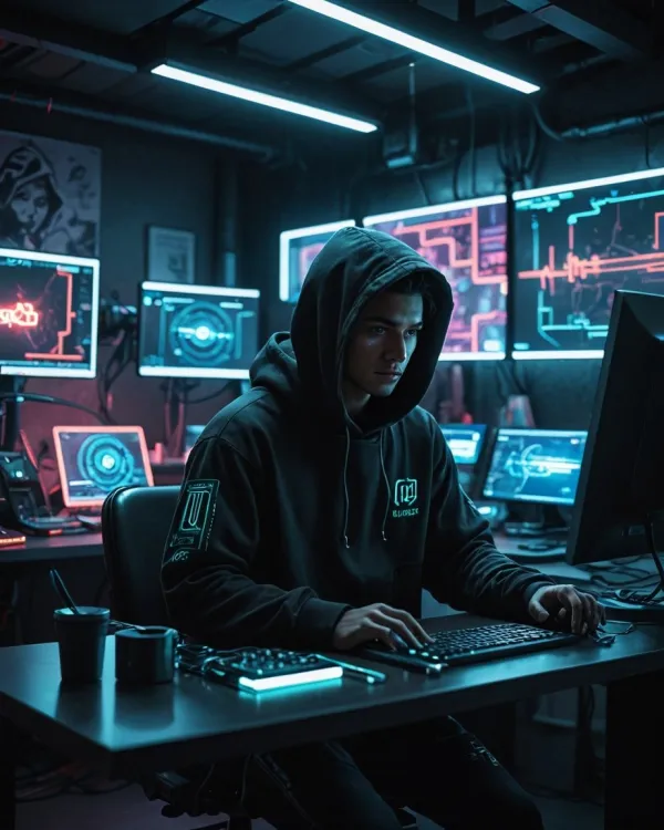 The image depicts a young man in a dark hoodie working intently at a computer setup with multiple monitors displaying te