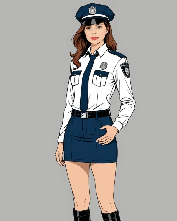 The image depicts a stylized digital illustration of a female police officer standing against a plain gray background